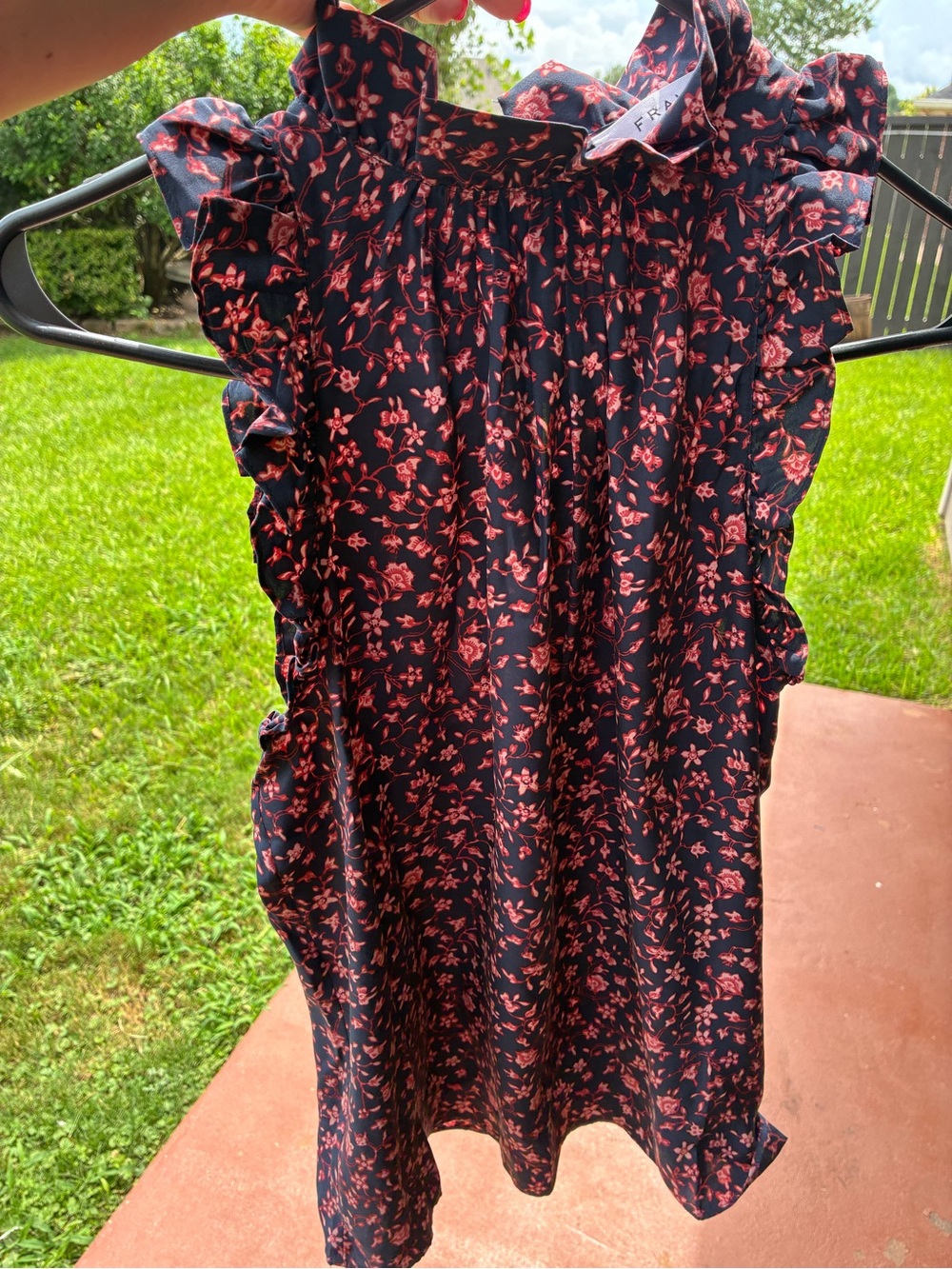 FRAME 100% Silk Navy Multi Floral Ruffle Sleeve Mock Neck Blouse Top Small